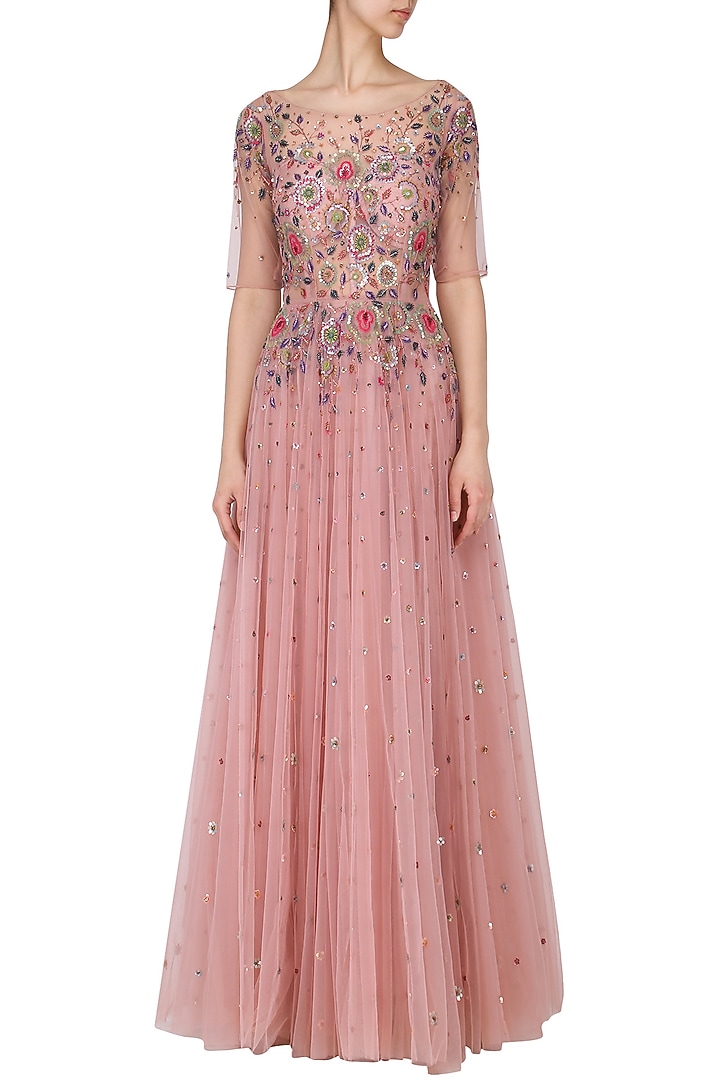 Dusty Pink Net Hand Embroidered Layered Gown For Girls by Mini Pataka by Kudi Pataka Designs  at Pernia's Pop Up Shop