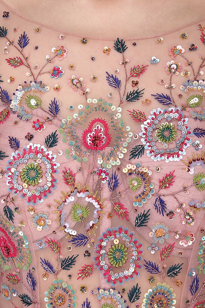 Dusty Pink Net Hand Embroidered Layered Gown For Girls by Mini Pataka by Kudi Pataka Designs  at Pernia's Pop Up Shop
