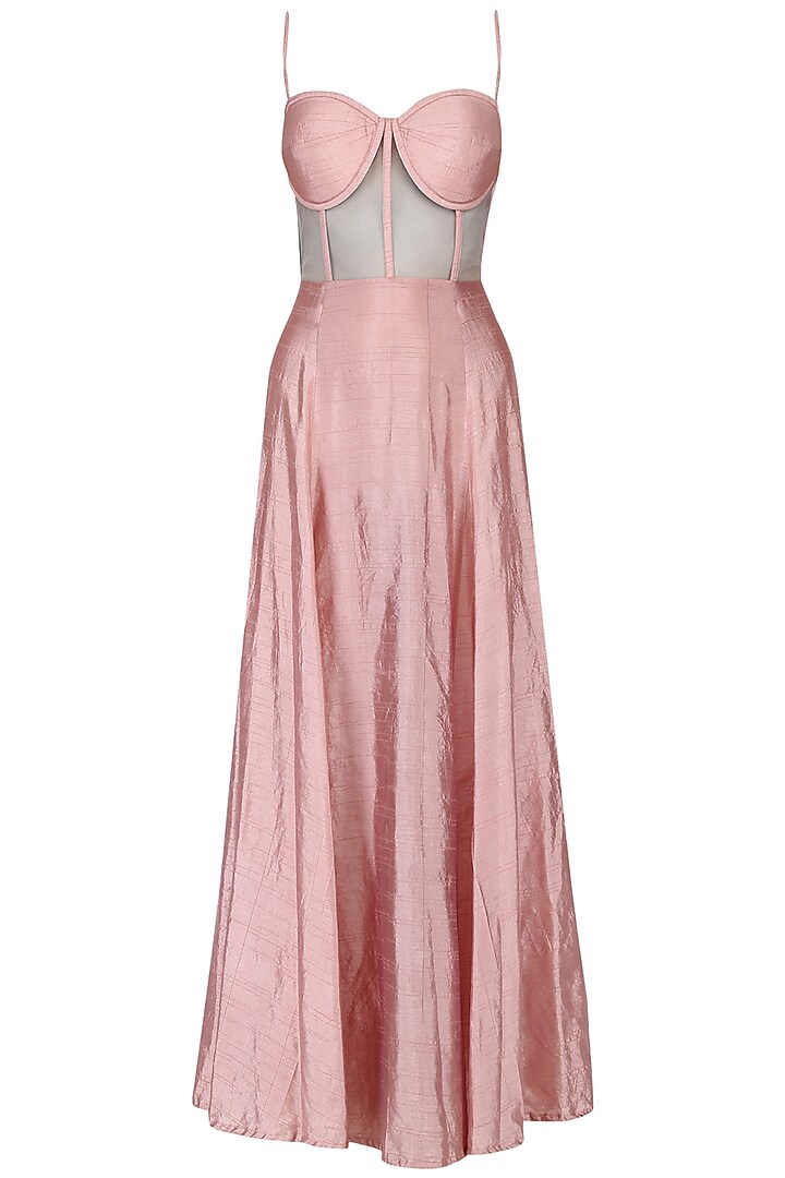 Dusty Pink Net Hand Embroidered Layered Gown For Girls by Mini Pataka by Kudi Pataka Designs  at Pernia's Pop Up Shop