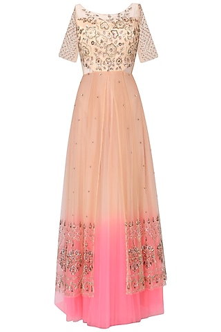 Nude Peach & Neon Pink Ombre Net Hand Embroidered Gown For Girls by Mini Pataka by Kudi Pataka Designs 