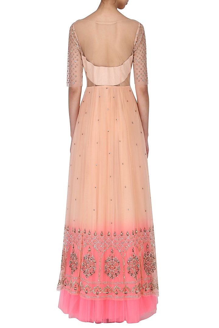 Nude Peach & Neon Pink Ombre Net Hand Embroidered Gown For Girls by Mini Pataka by Kudi Pataka Designs  at Pernia's Pop Up Shop