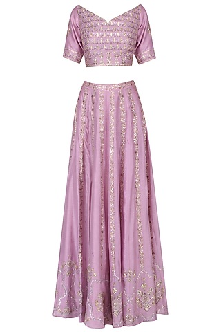 Dusty Mauve Chanderi Embroidered Lehenga Set For Girls by Mini Pataka by Kudi Pataka Designs 