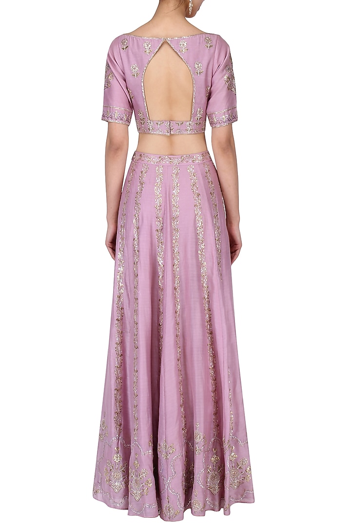 Dusty Mauve Chanderi Embroidered Lehenga Set For Girls by Mini Pataka by Kudi Pataka Designs  at Pernia's Pop Up Shop
