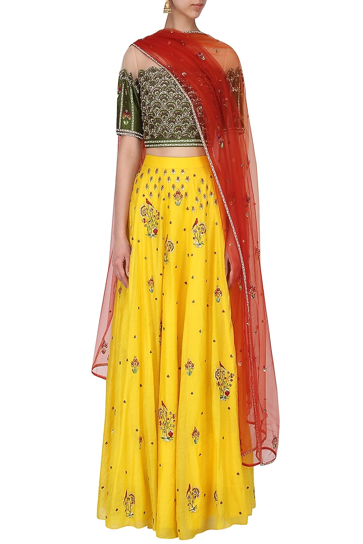 Yellow Handwoven Chanderi Thread Hand Embroidered Lehenga Set For Girls by Mini Pataka by Kudi Pataka Designs at Pernia's Pop Up Shop