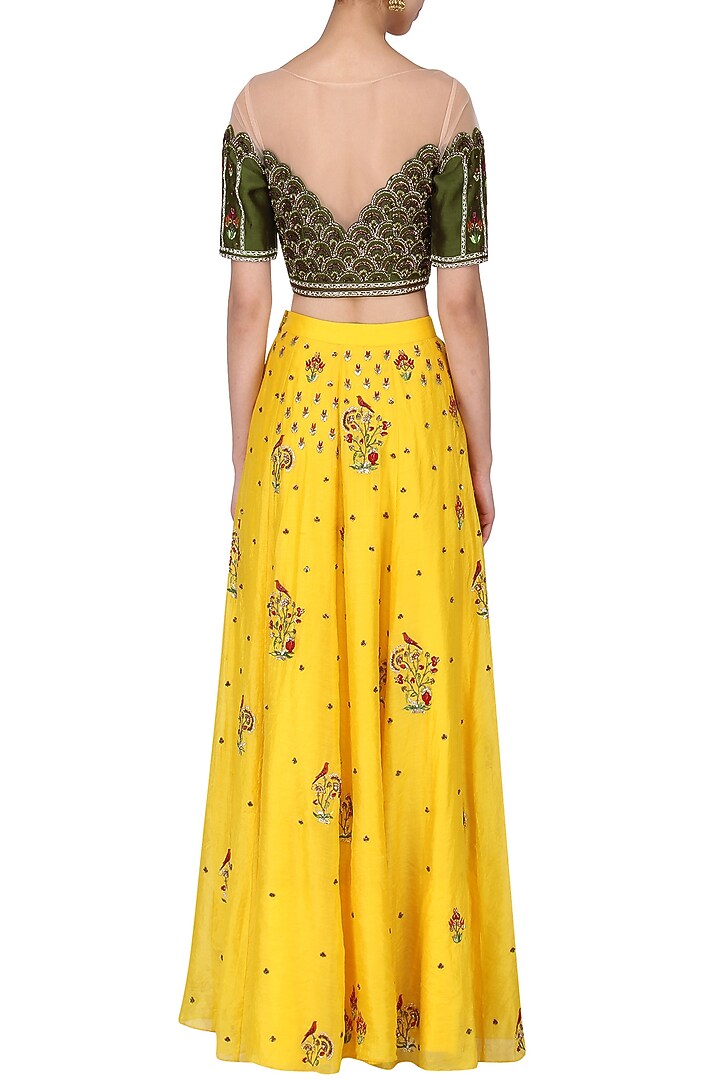 Yellow Handwoven Chanderi Thread Hand Embroidered Lehenga Set For Girls by Mini Pataka by Kudi Pataka Designs at Pernia's Pop Up Shop