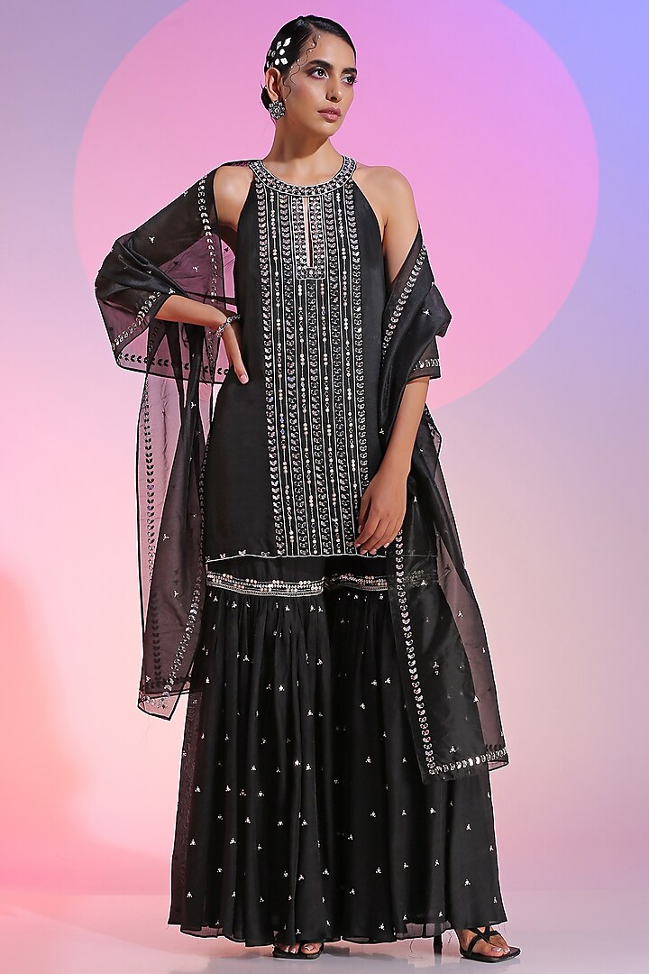 Black Habutai Cupro Mirror Embroidered Sharara Set For Girls by Mini Pataka by Kudi Pataka Designs  at Pernia's Pop Up Shop