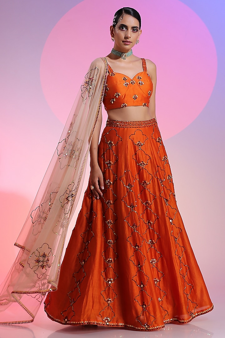 Orange Pure Chanderi Mirror Embroidered Lehenga Set For Girls by Mini Pataka by Kudi Pataka Designs  at Pernia's Pop Up Shop