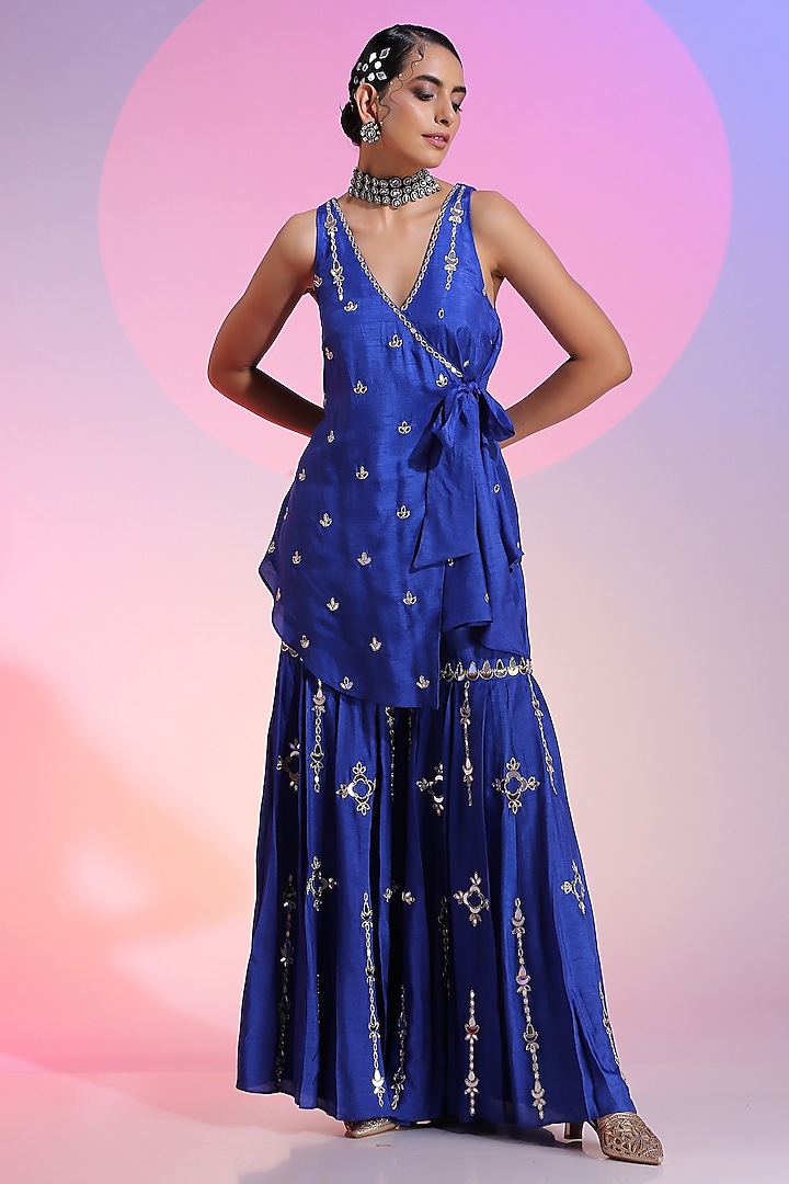 Blue Cupro Dola Silk Pleated Sharara Set For Girls by Mini Pataka by Kudi Pataka Designs  at Pernia's Pop Up Shop