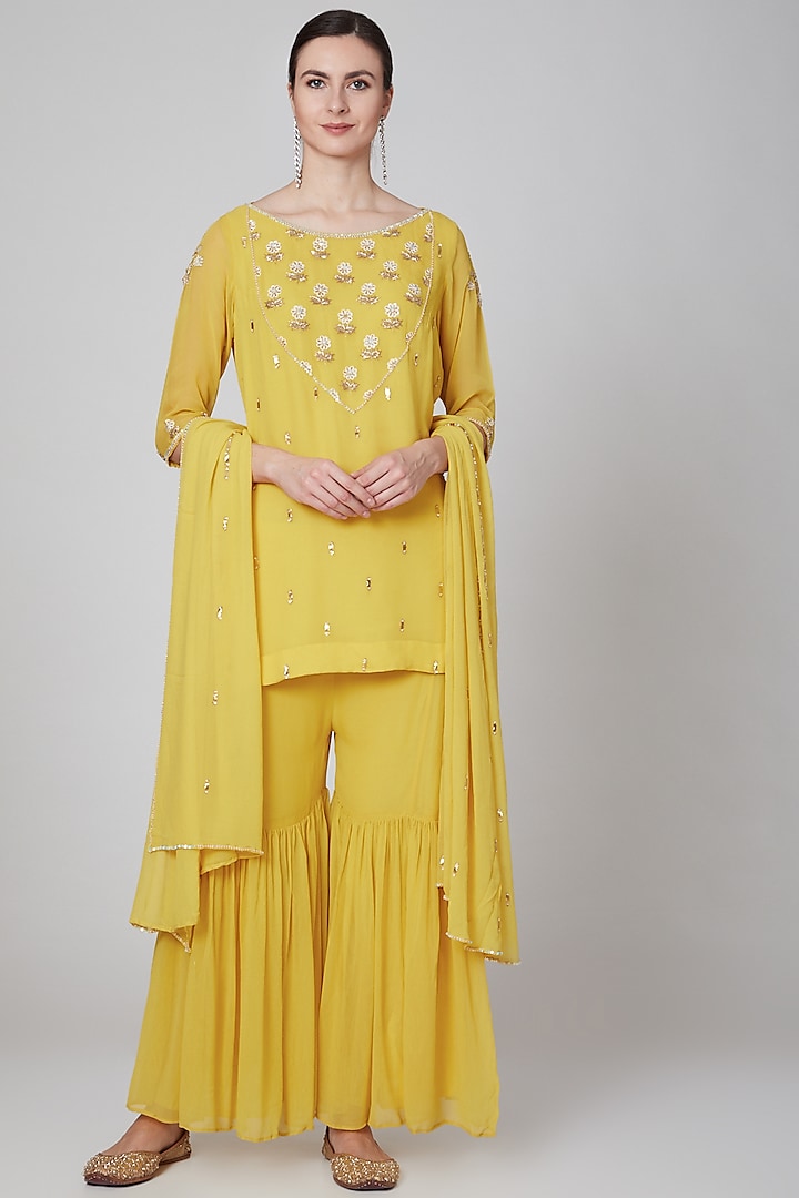 Yellow Viscose Georgette Sharara Set For Girls by Mini Pataka by Kudi Pataka Designs  at Pernia's Pop Up Shop