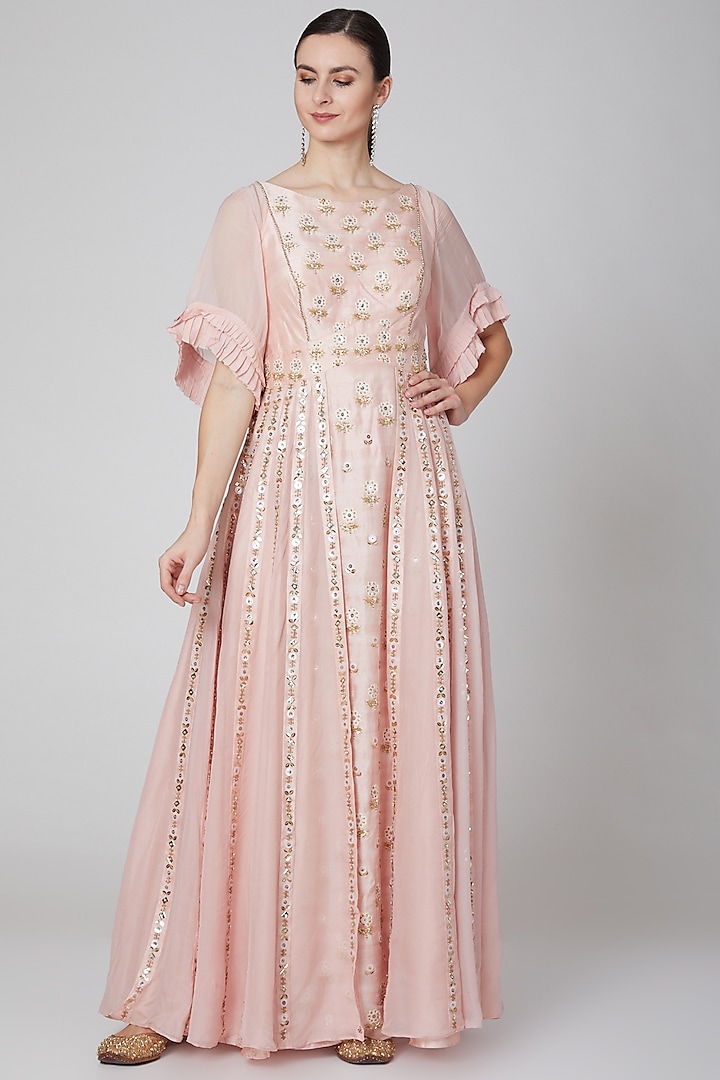 Blush Pink Paper Silk Resham Embroidered Gown For Girls by Mini Pataka by Kudi Pataka Designs  at Pernia's Pop Up Shop