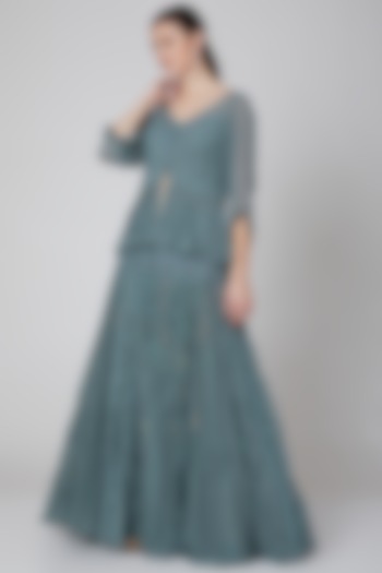 Grey Viscose Georgette Floral Embroidered Skirt Set For Girls by Mini Pataka by Kudi Pataka Designs  at Pernia's Pop Up Shop