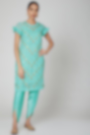 Turquoise Cupro Organza Embroidered Kurta Set For Girls by Mini Pataka by Kudi Pataka Designs  at Pernia's Pop Up Shop