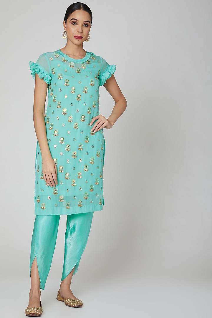 Turquoise Cupro Organza Embroidered Kurta Set For Girls by Mini Pataka by Kudi Pataka Designs  at Pernia's Pop Up Shop