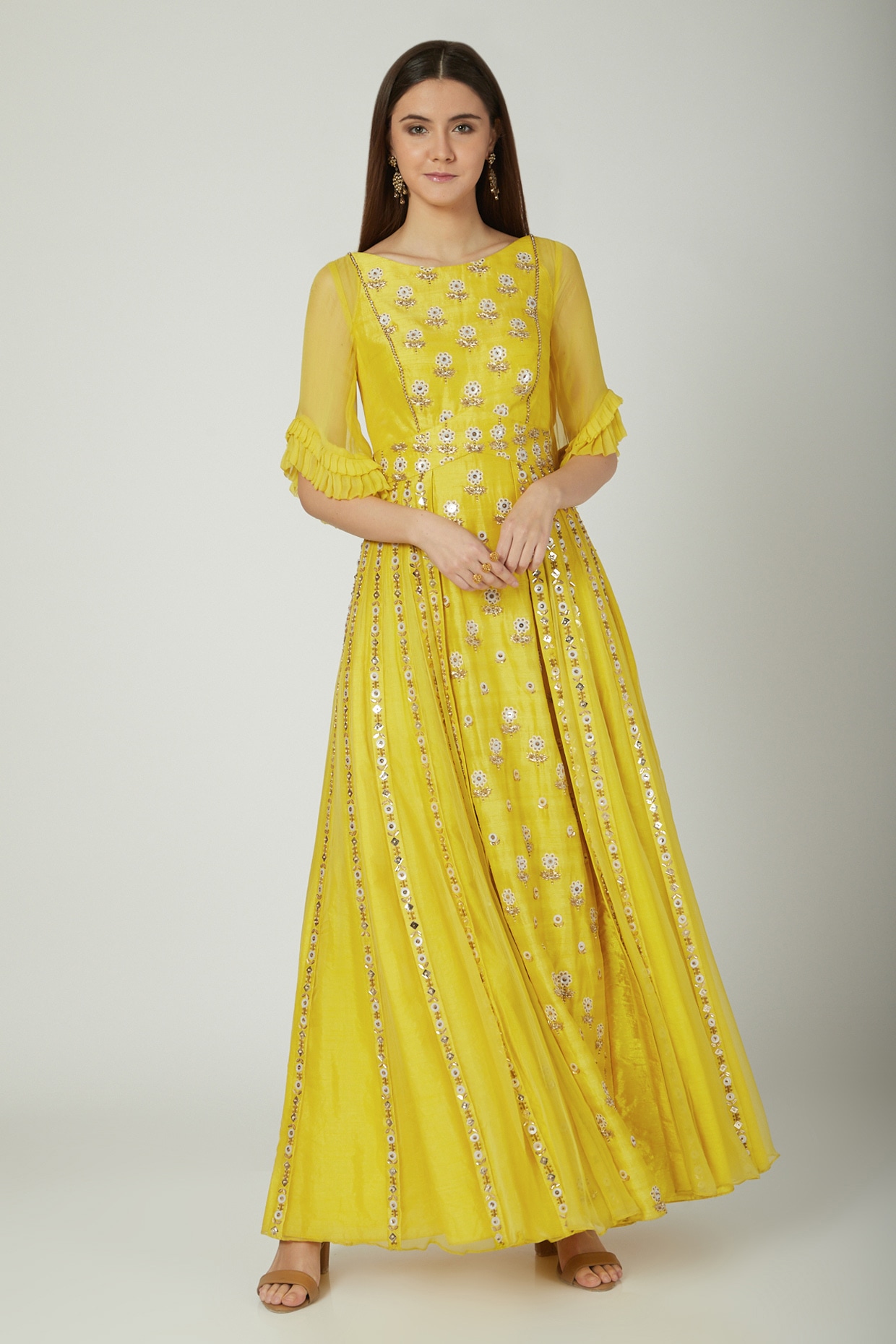 Mini Pataka by Kudi Pataka Designs Yellow Cupro Muga Silk Paper Silk Hand Embroidered Gown with Skirt for Girls at Pernia s Pop Up Shop