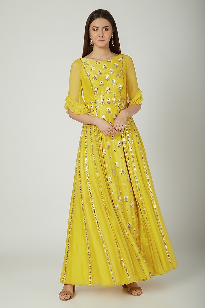 Yellow Cupro Muga Silk & Paper Silk Hand Embroidered Gown With Skirt For Girls by Mini Pataka by Kudi Pataka Designs  at Pernia's Pop Up Shop