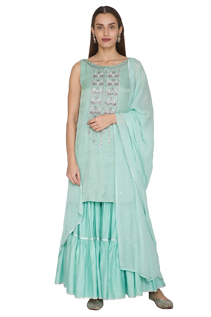 Aqua Blue Chanderi Layered Sharara Set For Girls by Mini Pataka by Kudi Pataka Designs  at Pernia's Pop Up Shop