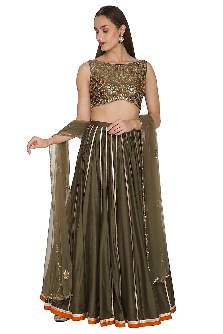 Olive Green Chanderi Gota Embroidered Lehenga Set For Girls by Mini Pataka by Kudi Pataka Designs  at Pernia's Pop Up Shop