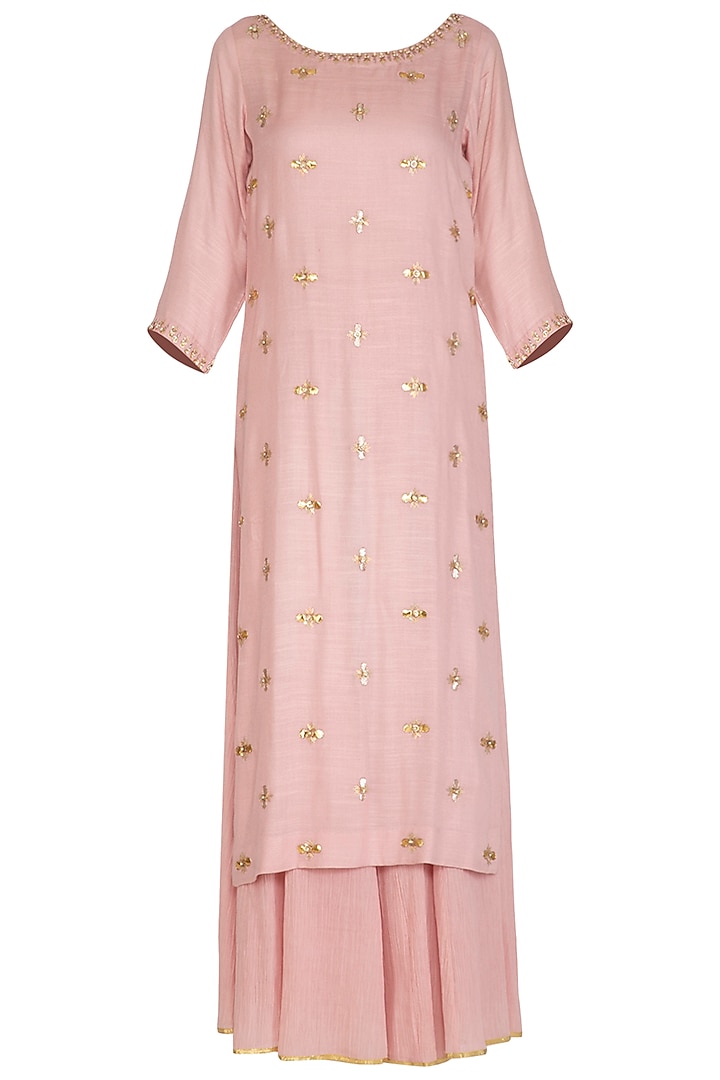 Soft Pink Modal Gota Patti & Sequins Hand Embroidered Kurta Set For Girls by Mini Pataka by Kudi Pataka Designs  at Pernia's Pop Up Shop