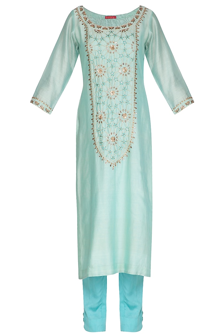 Aqua Blue Handwoven Chanderi Sequins & Zari Hand Embroidered Kurta Set For Girls by Mini Pataka by Kudi Pataka Designs  at Pernia's Pop Up Shop