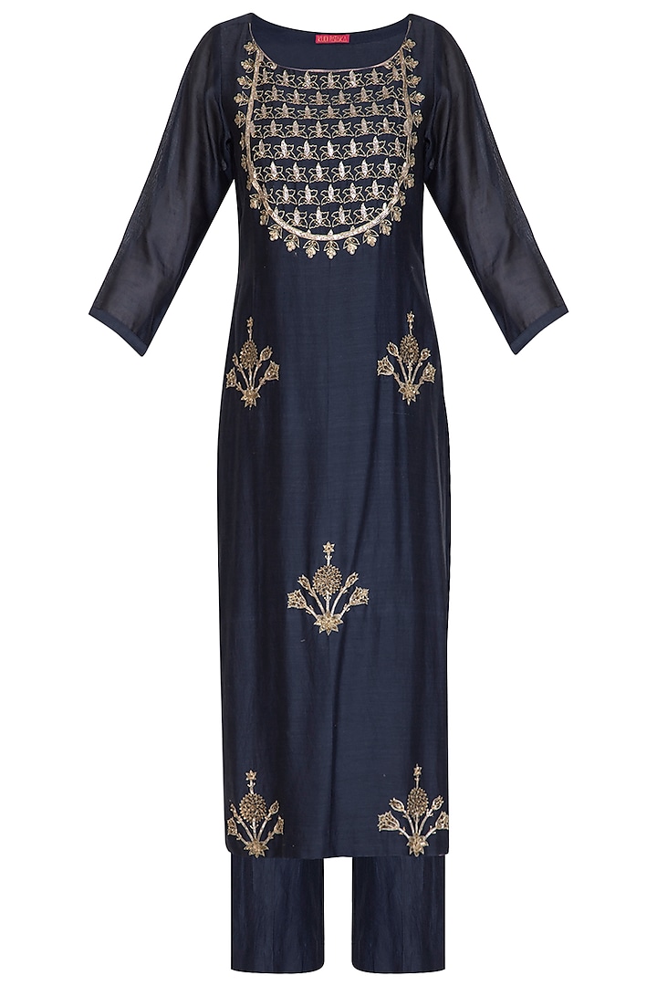 Navy Blue Handwoven Chanderi Zari & Pitta Hand Embroidered Kurta Set For Girls by Mini Pataka by Kudi Pataka Designs  at Pernia's Pop Up Shop