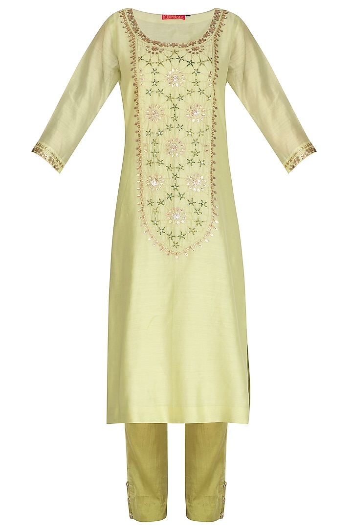 Yellow Green Handwoven Chanderi Zari & Cutdana Hand Embroidered Kurta Set For Girls by Mini Pataka by Kudi Pataka Designs  at Pernia's Pop Up Shop