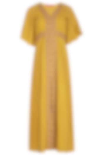 Mustard Yellow Wrinkled Modal and Handloom Ajrakh Sequins Hand Embroidered Maxi Dress For Girls by Mini Pataka by Kudi Pataka Designs  at Pernia's Pop Up Shop