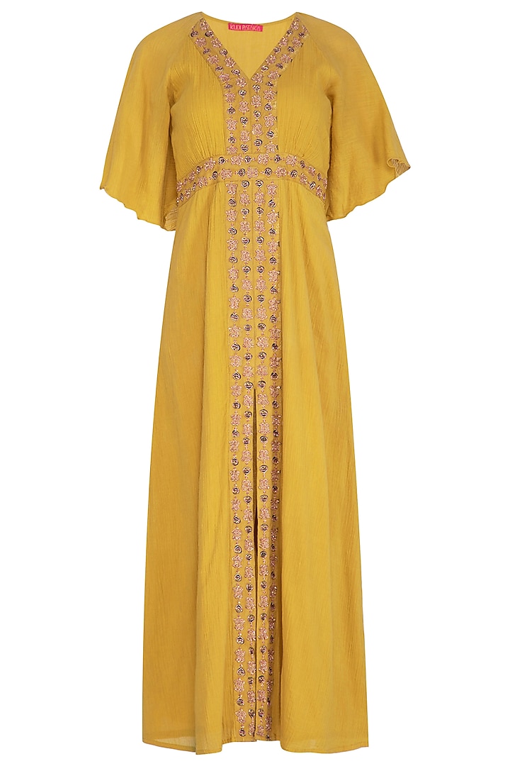 Mustard Yellow Wrinkled Modal and Handloom Ajrakh Sequins Hand Embroidered Maxi Dress For Girls by Mini Pataka by Kudi Pataka Designs  at Pernia's Pop Up Shop