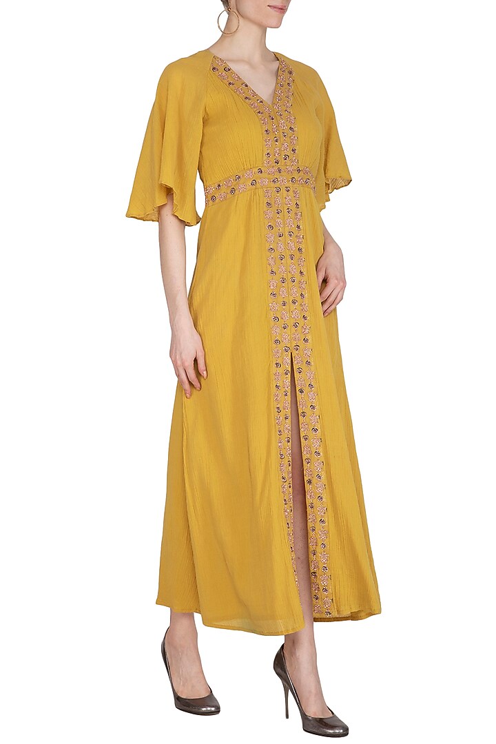 Mustard Yellow Wrinkled Modal and Handloom Ajrakh Sequins Hand Embroidered Maxi Dress For Girls by Mini Pataka by Kudi Pataka Designs at Pernia's Pop Up Shop