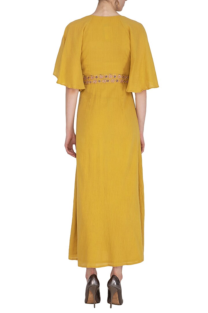 Mustard Yellow Wrinkled Modal and Handloom Ajrakh Sequins Hand Embroidered Maxi Dress For Girls by Mini Pataka by Kudi Pataka Designs at Pernia's Pop Up Shop