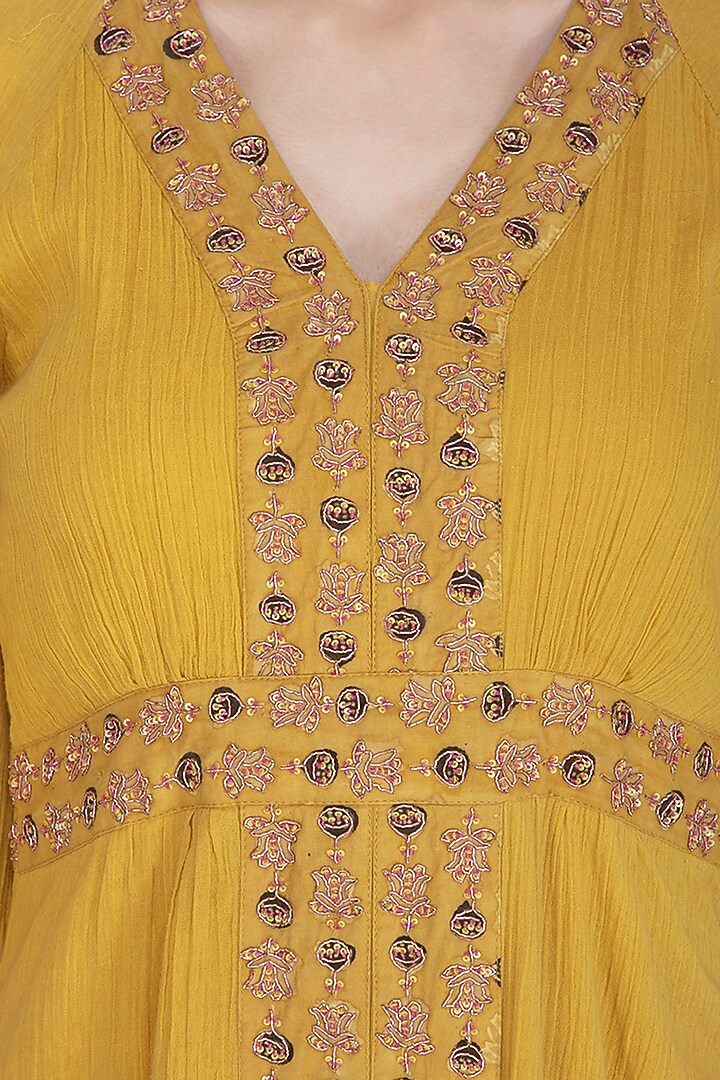 Mustard Yellow Wrinkled Modal and Handloom Ajrakh Sequins Hand Embroidered Maxi Dress For Girls by Mini Pataka by Kudi Pataka Designs at Pernia's Pop Up Shop