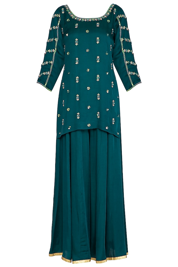 Teal Green Satin Modal Sharara Set For Girls by Mini Pataka by Kudi Pataka Designs  at Pernia's Pop Up Shop