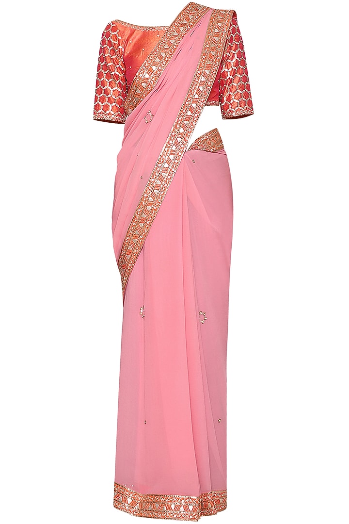 Pink Bemberg Georgette Sequins Embroidered Saree Set For Girls by Mini Pataka by Kudi Pataka Designs at Pernia's Pop Up Shop