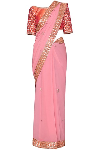 Pink Bemberg Georgette Sequins Embroidered Saree Set For Girls by Mini Pataka by Kudi Pataka Designs 
