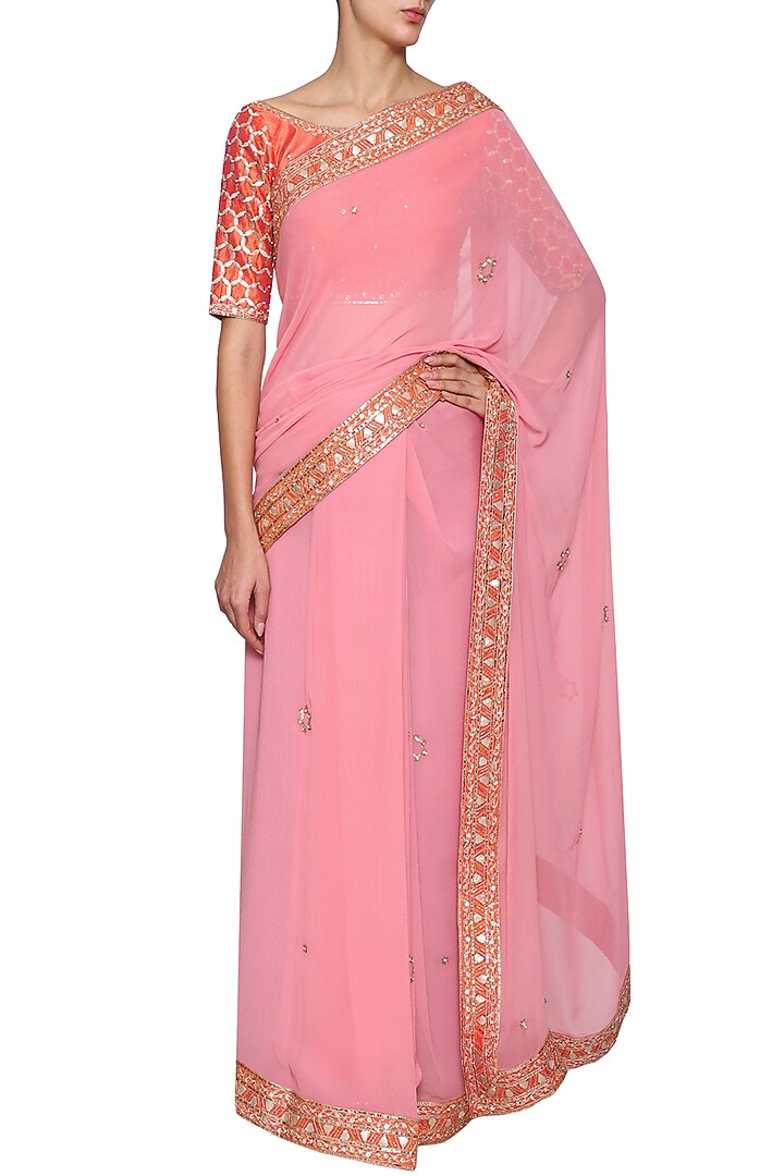 Pink Bemberg Georgette Sequins Embroidered Saree Set For Girls by Mini Pataka by Kudi Pataka Designs at Pernia's Pop Up Shop