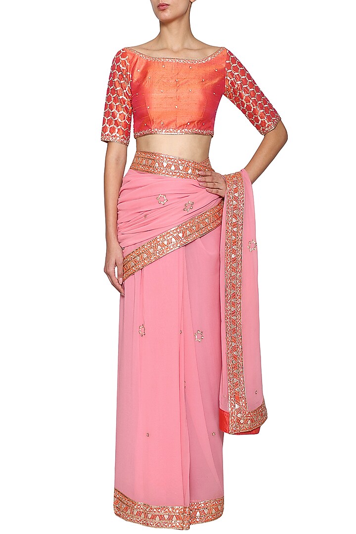 Pink Bemberg Georgette Sequins Embroidered Saree Set For Girls by Mini Pataka by Kudi Pataka Designs at Pernia's Pop Up Shop
