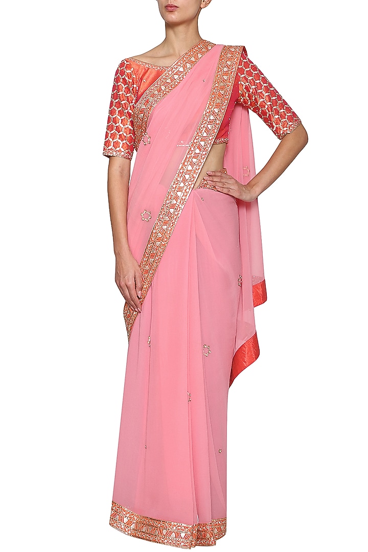 Pink Bemberg Georgette Sequins Embroidered Saree Set For Girls by Mini Pataka by Kudi Pataka Designs at Pernia's Pop Up Shop