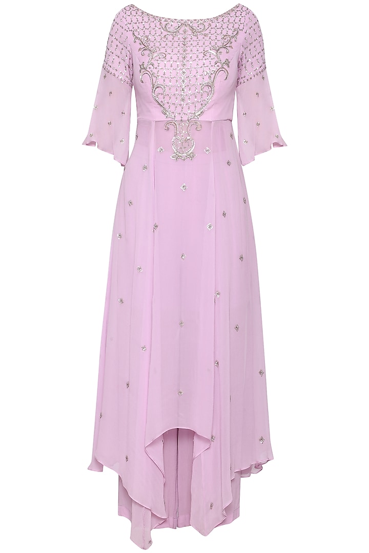 Lilac Bemberg Georgette Embroidered Kurta Set For Girls by Mini Pataka by Kudi Pataka Designs  at Pernia's Pop Up Shop