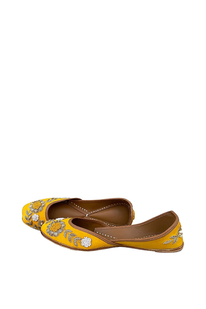 Yellow Leather Embellished Juttis by Kurrbat