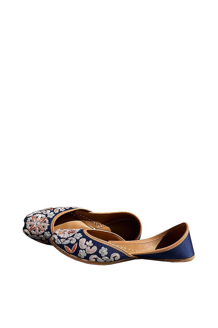 Blue Leather Embroidered Juttis by Kurrbat