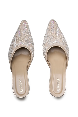 White Vegan Leather Pearl Embroidered Heels by Kurrbat