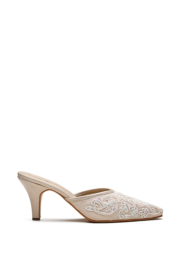 White Vegan Leather Pearl Embroidered Heels by Kurrbat at Pernia's Pop Up Shop