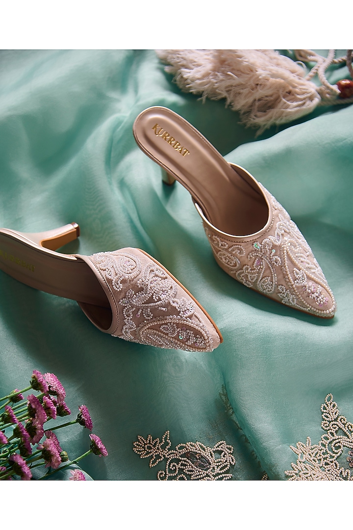 White Vegan Leather Pearl Embroidered Heels by Kurrbat at Pernia's Pop Up Shop