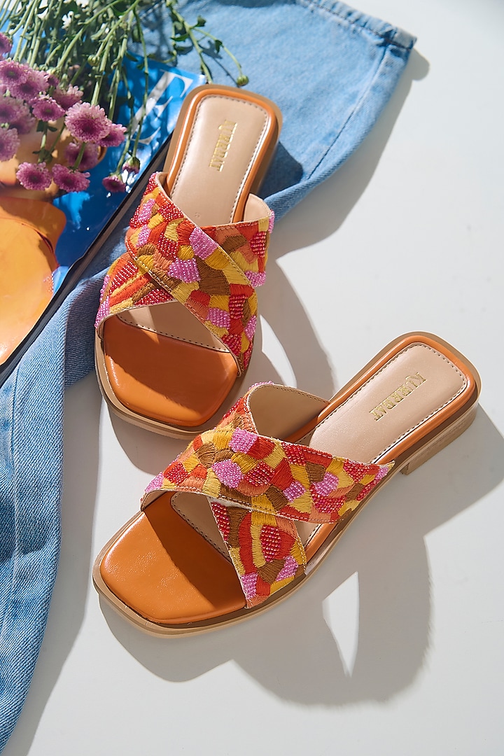 Orange Vegan Leather Thread Embroidered Criss-Cross Flats by Kurrbat at Pernia's Pop Up Shop