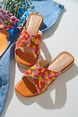 Orange Vegan Leather Thread Embroidered Criss-Cross Flats by Kurrbat
