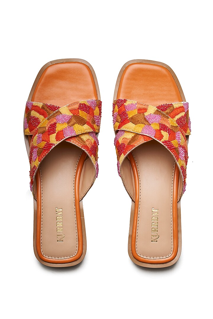 Orange Vegan Leather Thread Embroidered Criss-Cross Flats by Kurrbat at Pernia's Pop Up Shop