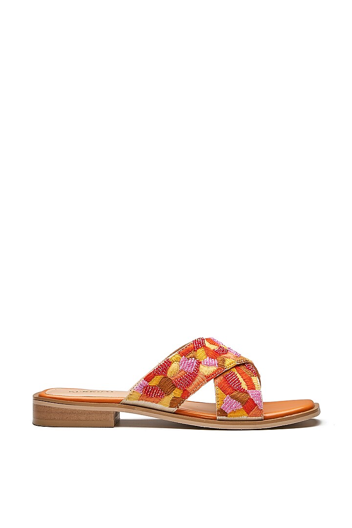 Orange Vegan Leather Thread Embroidered Criss-Cross Flats by Kurrbat at Pernia's Pop Up Shop