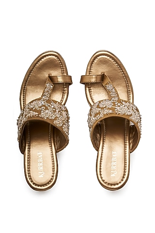 Gold Vegan Leather Embroidered Wedges by Kurrbat