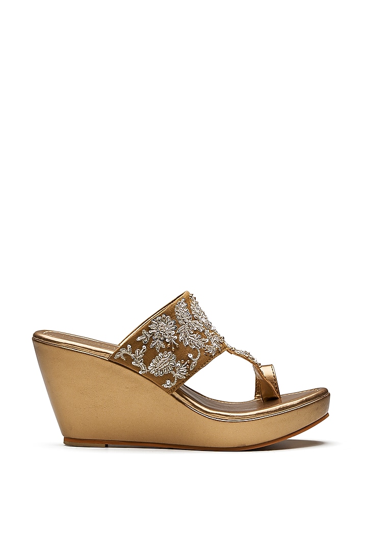 Gold Vegan Leather Embroidered Wedges by Kurrbat at Pernia's Pop Up Shop