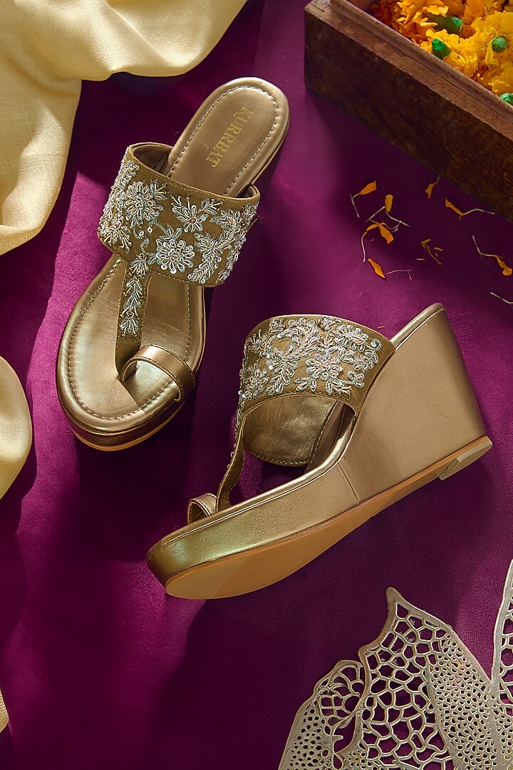 Gold Vegan Leather Embroidered Wedges by Kurrbat at Pernia's Pop Up Shop