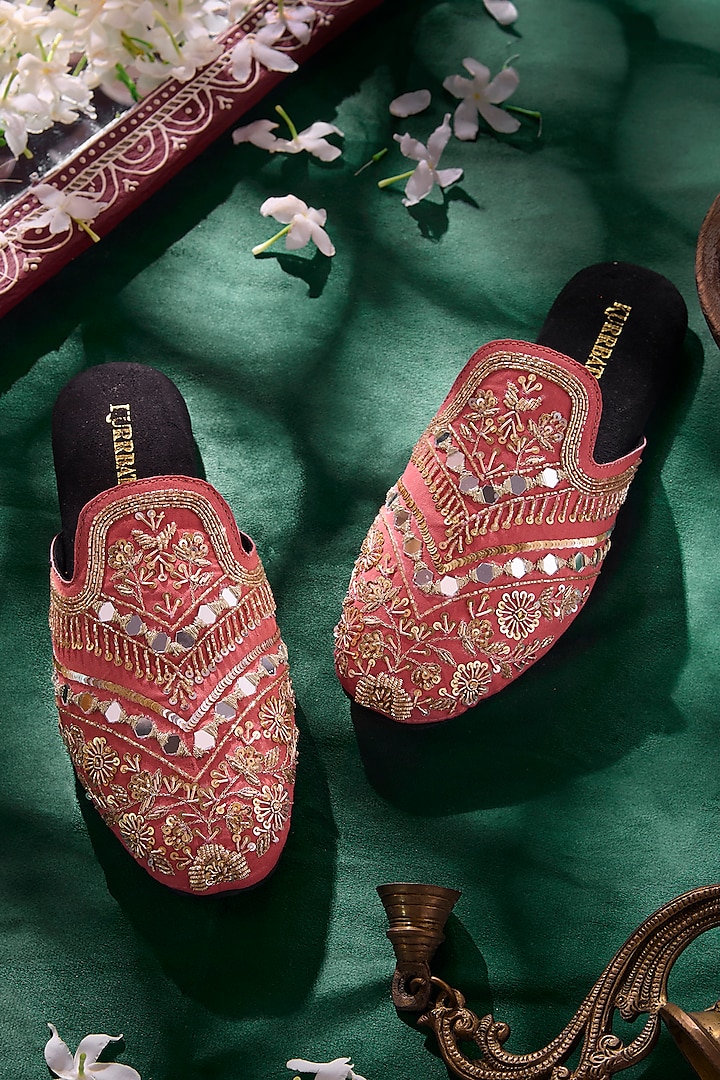 Nude Pink Vegan Leather Embroidered Mules by Kurrbat at Pernia's Pop Up Shop